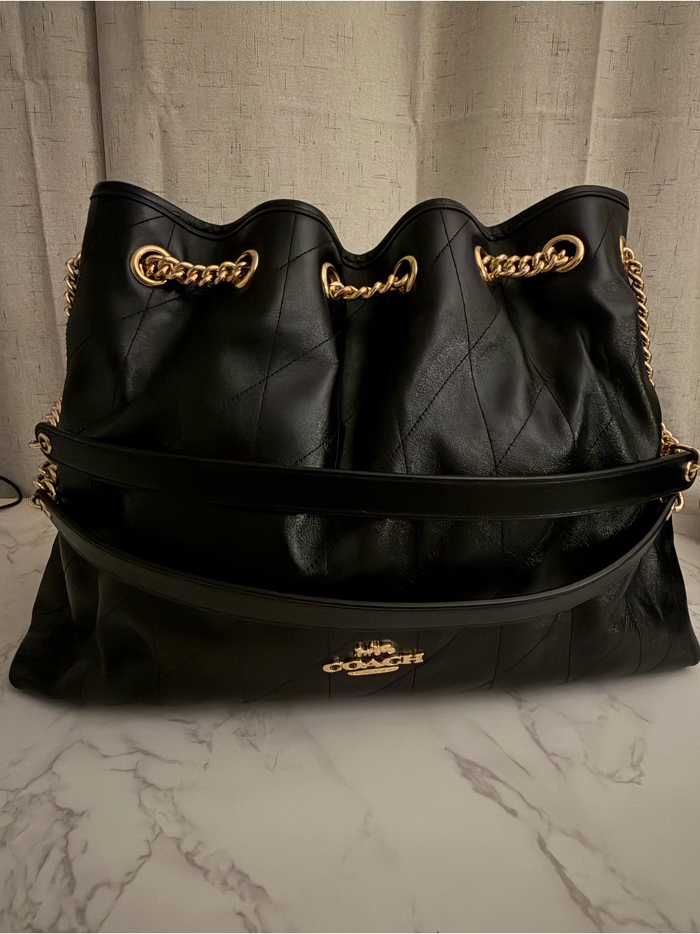 Coach Black Quilted Leather Hobo with Gold Chain Accents